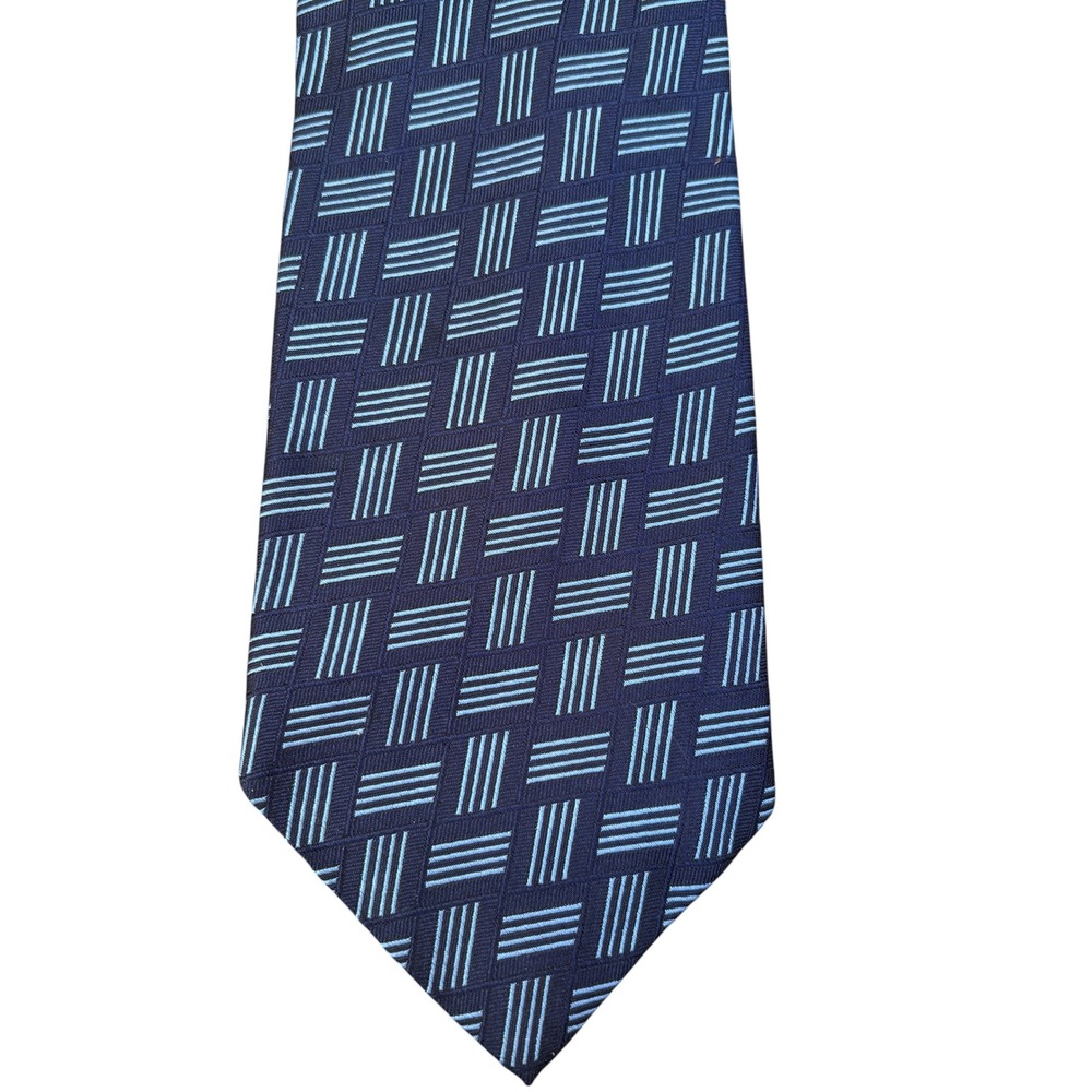 Lauren Ralph Lauren Mens OS Silk Tie Navy Blue Light Blue Geometric Basketweave